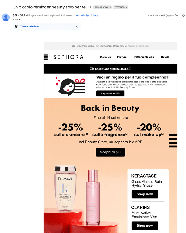 esempio di una newsletter di Sephora