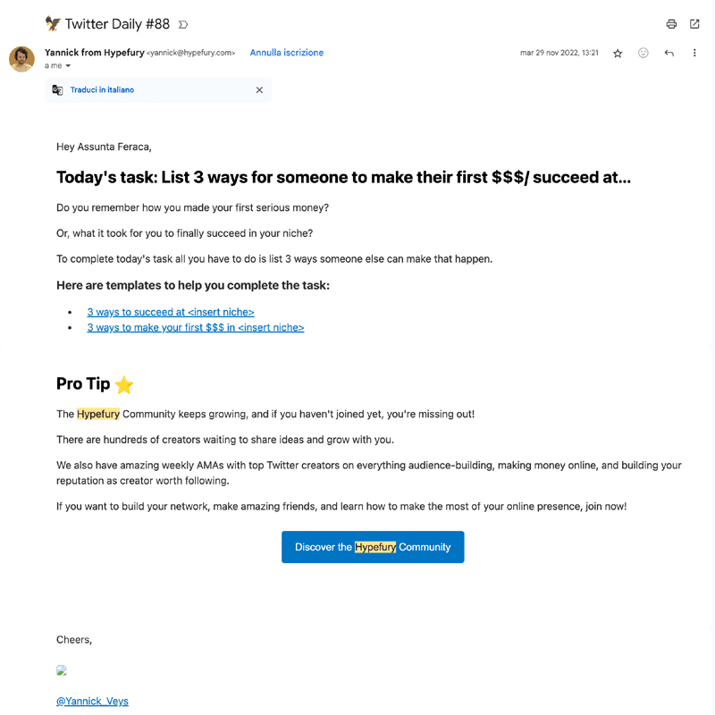 hypefury esempio newsletter